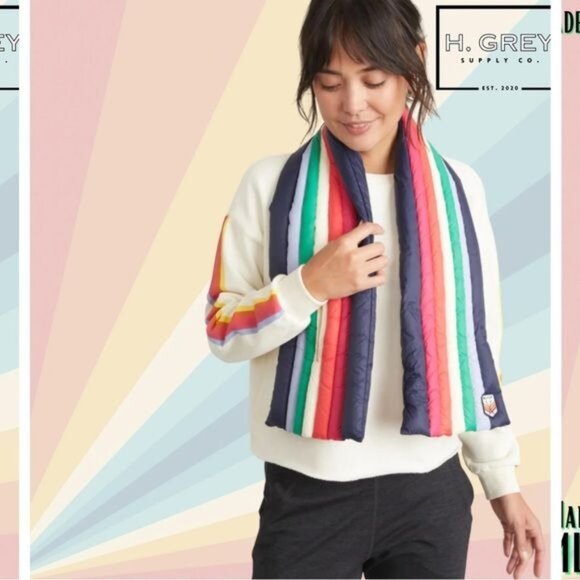 Marine Layer X Lost & Found puffer scarf Navy/multi stripe one size womens new - Picture 1 of 13